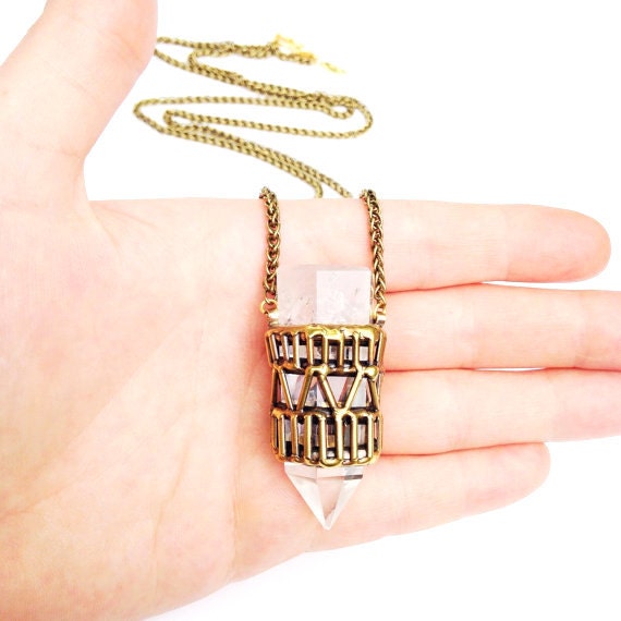 Quartz Crystal Cage Necklace Geometric Style
