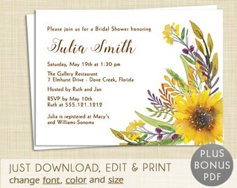 Autumn Fall Bridal Shower Invitation - EDITABLE PDF - Instant Download - Printable - Watercolor Sunflower
