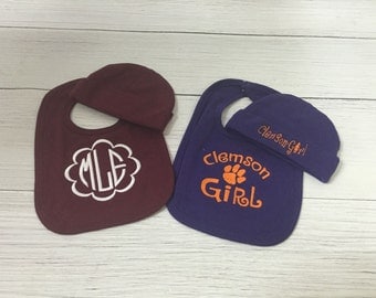 Girls Monogrammed Bib, Maroon Bib, Purple Bib, Gamecock Baby Gift, Clemson baby Gift