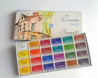 Watercolor Set, SONNET, 24 colors Full Pans 2.5 ml, Russian Watercolors, Saint Petersburg, Nevskaya Palitra