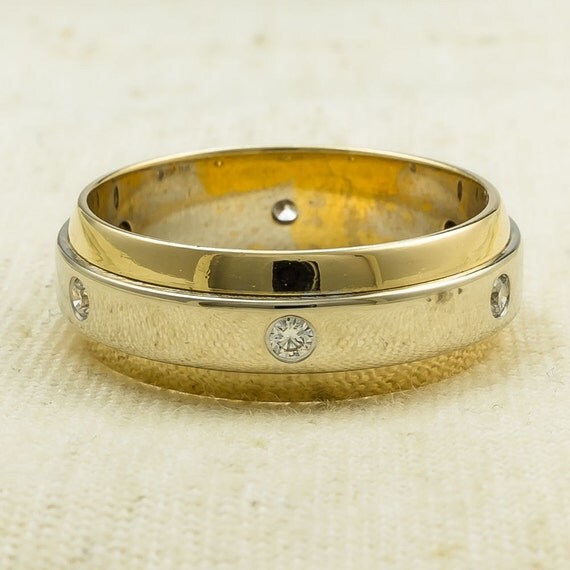 Masculine Sleek 14K Two Tone Yellow White Gold 0.30ctw Flush Gypsy Set Natural Scattered Diamond Accented Wedding Band Sz 9.5 FREE SHIPPING!