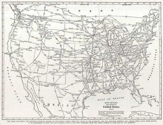 United States Handy Railroad Map 1940's US by SkippiDiddlePaper