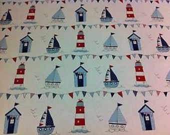 Coupon De Tissu Coton Fin Motif Phare Et Mer - 80 X 285 Cm - Neuf - Thème Maritime