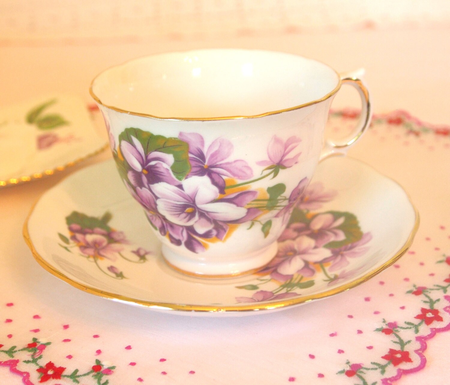 Vintage Tea Cup and Saucer Set with Purple Violets Royal