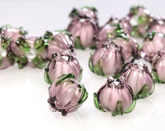 Lampwork beads light purple mini 10mm, Handmade Glass Bell, Flower Bead, floral sra