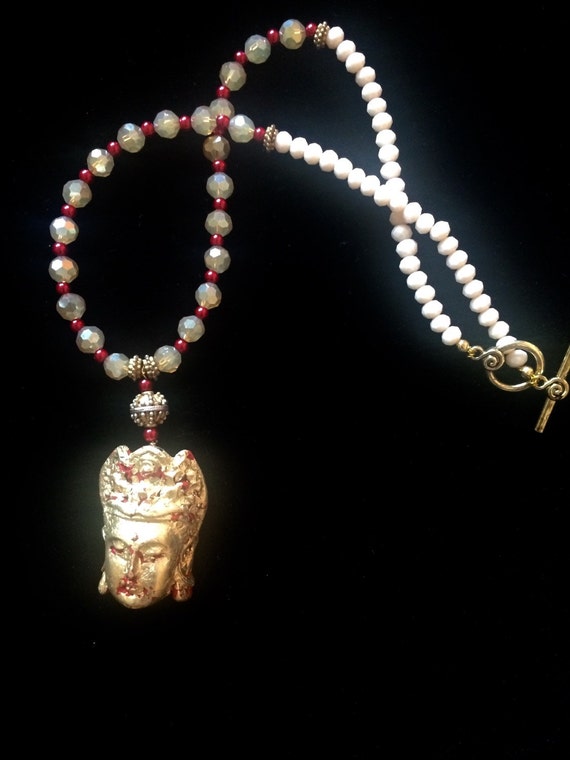 Guan Yin Designer Gold Leafed Pendant Beaded by LegacyHardware