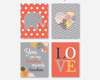 Baby Girl Coral Grey Nursery Elephant You Are My Sunshine Art Prints // Coral, Gray, Charcoal Print Set of (4) - 5x7, 8x10, 11x14 Unframed