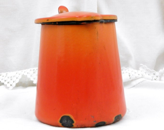 Vintage French Chippy Bright Orange Enamel Pitcher, French Country Decor Enamelware Milk Jug, Retro Kitchenware from France