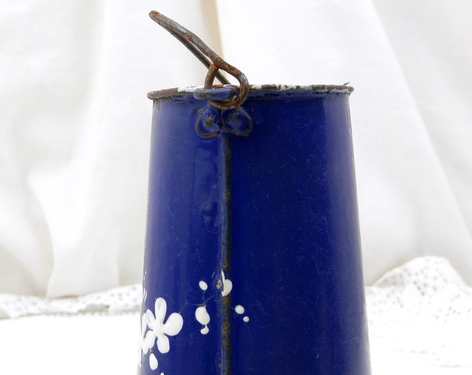 Antique French Early Enamelware Blue with White Hand Painted Flower and Butterfly Pattern Milk Pail / Churn, French Enamel Country Decor