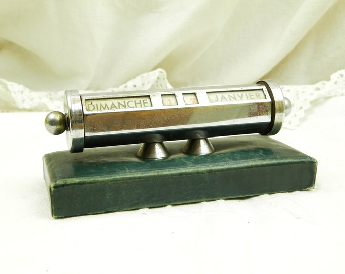 Vintage French Mid Century Green Leather and Chrome Perpetual Calendar / French Decor / French Mid Century / Retro Vintage Home Interior