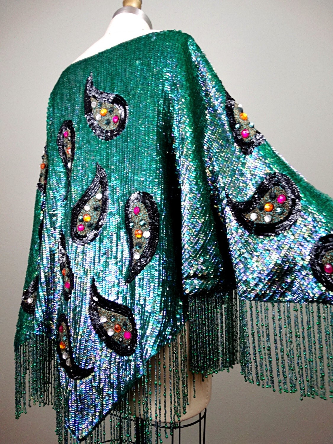 HEAVY Fringe Beaded Poncho / Peacock Green Iridescent Sequined