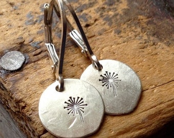 A Wish • SMALL Sterling Silver earrings • SMALL earrings . hammered silver discs • Dandelions • wishing • metalwork earrings • hippie • boho