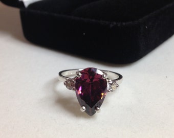 BEAUTIFUL 5ct Rhodolite Garnet & White Sapphire 14kt Gold Sterling Silver Ring Size 5 6 7 8 9 Sizing Pear Cut Rhodolite Garnet Ring