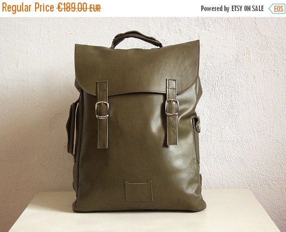 ON SALE Dark-olive green large leather backpack by kokosina