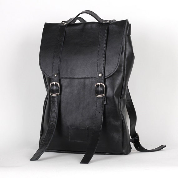 Black middle size leather backpack rucksack / To order by kokosina