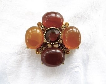 Vintage Maltese Cross Brooch Pendant, Lucite Rhinestone, Amber Malta Cross