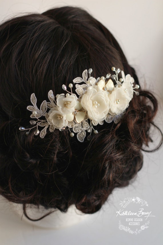 Lee Floral Lace Bridal hair comb veil by KathleenBarryJewelry