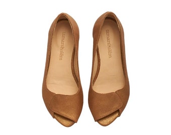 champagne peep toe flats