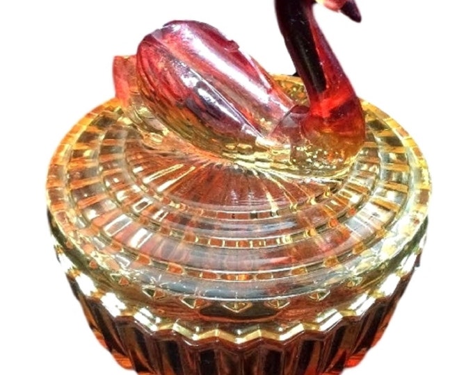Jeannette Glass Swan Vanity Powder Box with Lipstick Holder Amberina