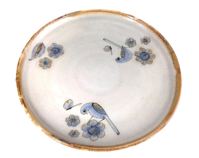 Ken Edwards Tonala Plate Blue, Birds & Flowers, Mexican Folk Art, Vintage Pottery Dish Dinnerware