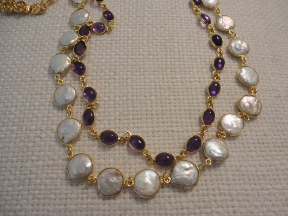 amethyst & pearl long necklace gold. layered necklaces gold.