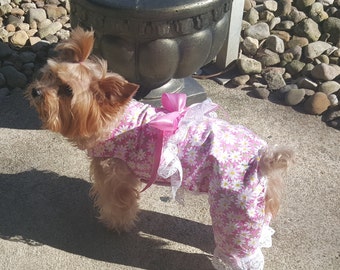 Dog Clothing, Dog Dress, Pet Clothing, Pet Dress, Custom Sizes - Pink Daisy Overalls