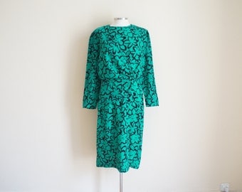 Vintage 1960s Floral Dress / Vintage Green Dress / Vintage Wool Dress