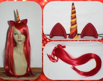 4 piece set Red, yellow, gold and orange unicorn inspired horn, red ears red wig and red tail