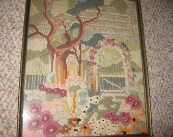 GARDEN GATE Wool Embroidery In Original 1920's Antique Frame 10 1/2" x 13 1/4" Blue Inside Border On Frame