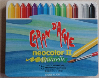 New 15 Caran D' Ache Neocolor II sticks Water soluble Painting Crayons Yellow, Blues, Greens, Red, Black, Purple, White, etc Swiss Made