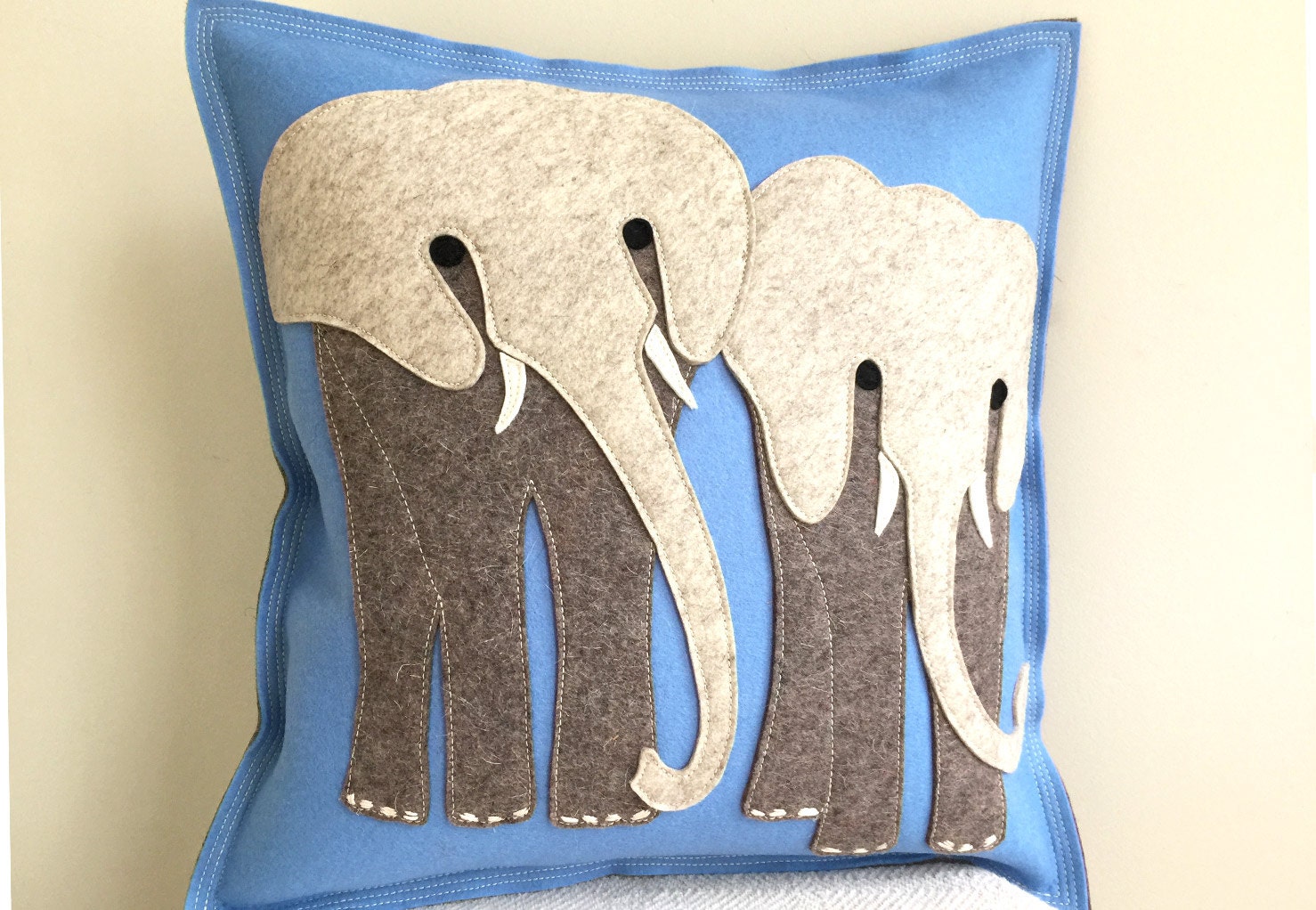 Elephant Safari Pillow in Light Blue and Grey Wool Felt