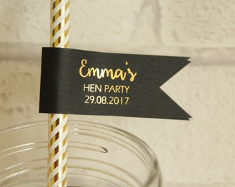 Personalised Hen Party Straw Flags/Cupcake Toppers for Hen Party/Bridal Shower/Hen Decor in Gold/ Silver/Rose Gold/Colour Foils