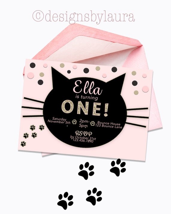 Cat Invitation-Cat Birthday Invite-Pink and Gold-Printable by