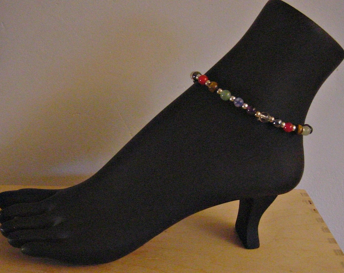7 Chakra Anklet, Ankle Bracelet Semi Precious, Sterling Silver. Stretch, Reiki Jewelry, Chakra Jewellery, Yoga, Balance