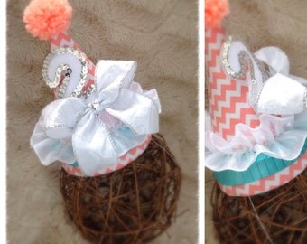 2nd Birthday Hat. Girl. Photo Prop/ Keepsake. Coral. White. Robins Egg Blue. Item #11128