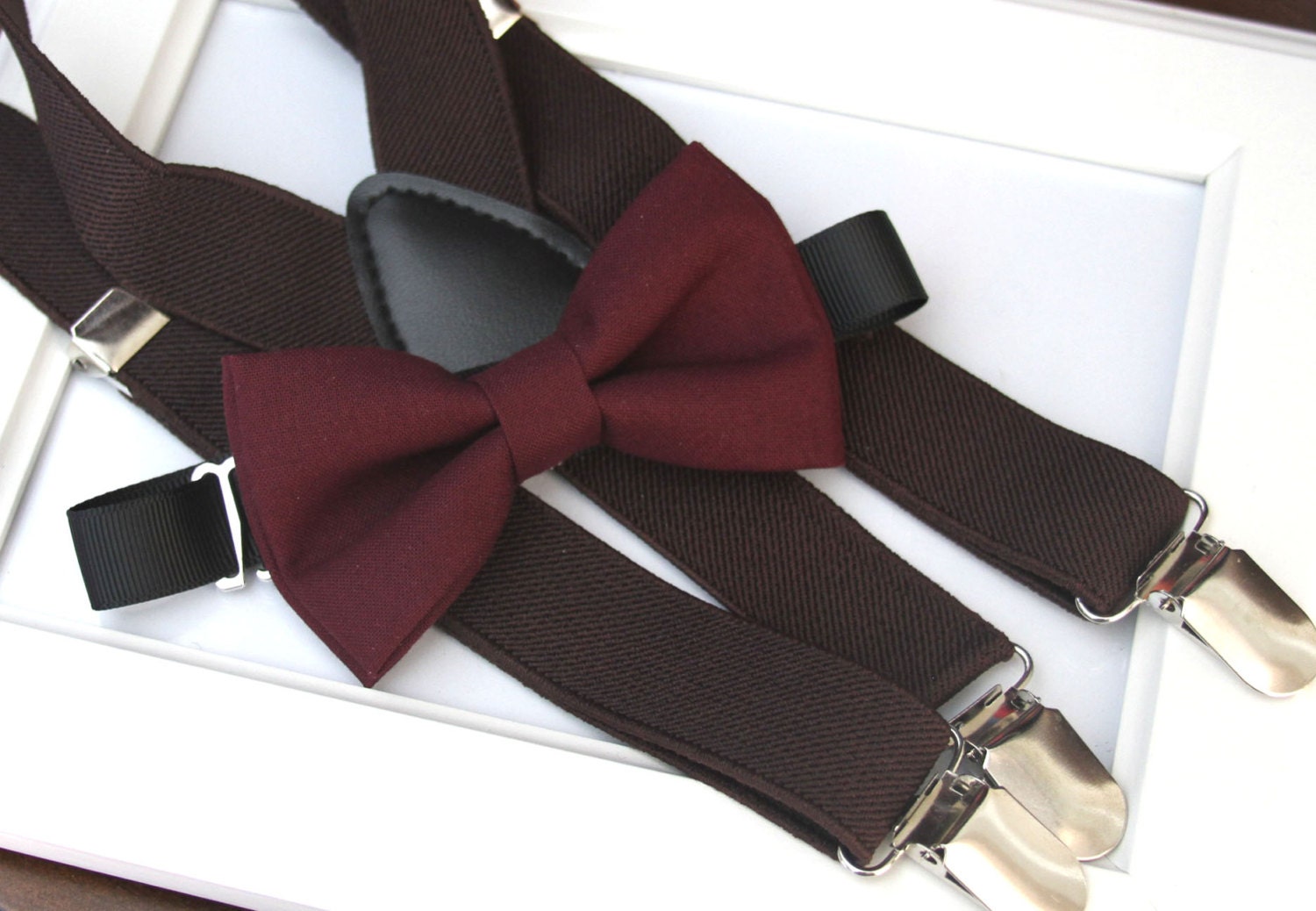 Deep Burgundy bowtie & Dark brown elastic suspender set
