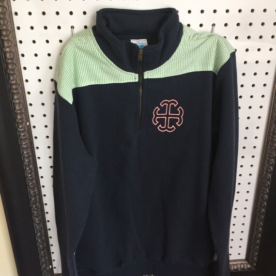Navy and seersucker 1/4 zip sweat shirt