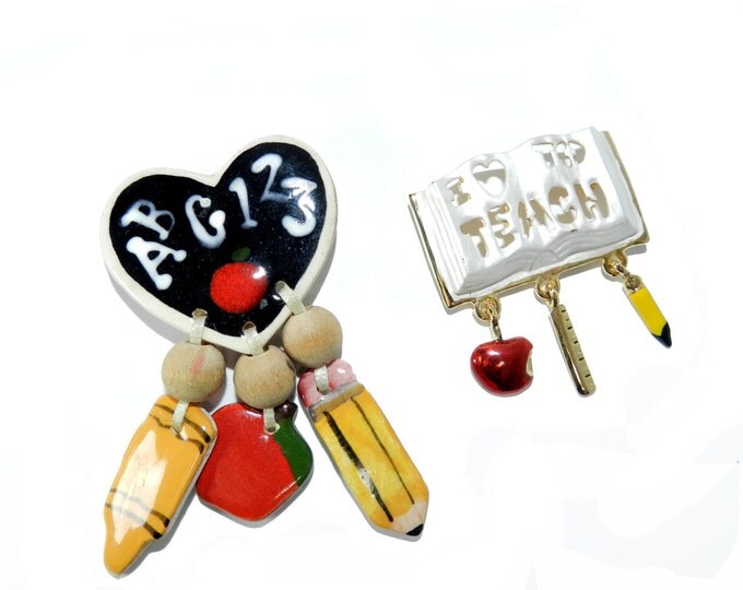 Vintage School Figural Brooch Pin Lot, Ceramic Glazed, Teacher Appreciation Brooch, Love to Teach Brooch, 2 for 1, Collectible Pin