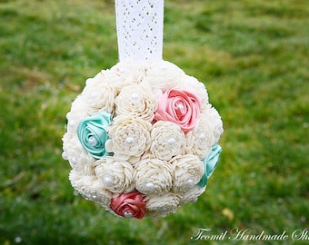 Kissing Ball, Sola Flower Kissing Ball, Coral, Mint Pomander