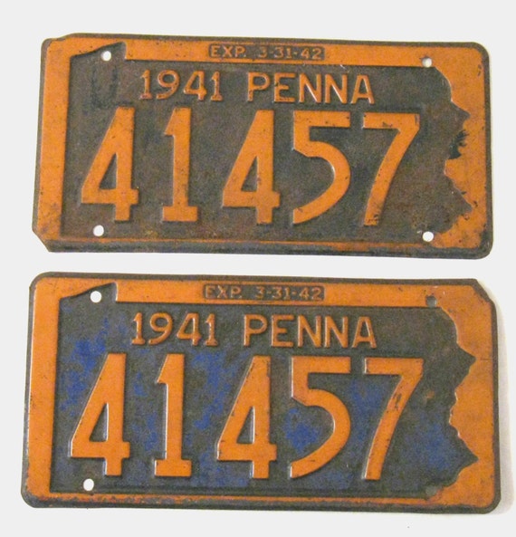 Vintage Matched Pair Pennsylvania 1941 License Plates for