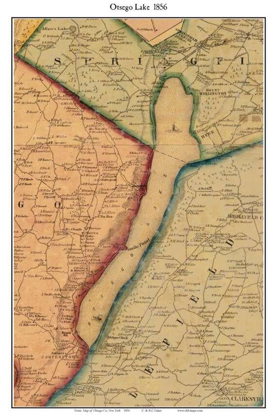 Otsego Lake Map 1856 New York Custom Reprint