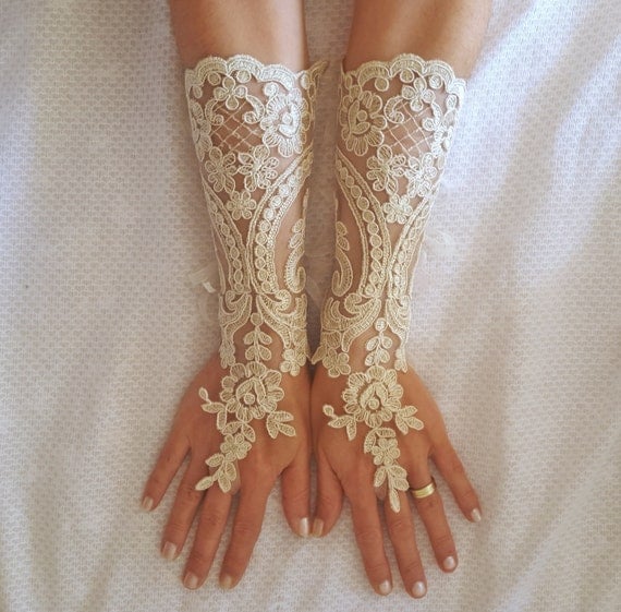 Long ivory or champagne gold Wedding gloves free ship bridal fingerless french lace arm warmers cuff gauntlets fingerloop, Long lace glove