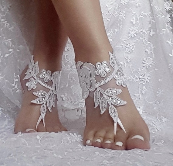 free ship bridal anklet, ivory white lace sandals, Beach wedding barefoot sandals, bangle, wedding ankle anklet, bridal, bellydance, gothic