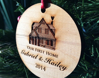 Our First Home Christmas Ornaments Handmade, Personalized Wood Ornament Housewarming Holiday Gift - Log Cabin House - Custom Text - SKU#256