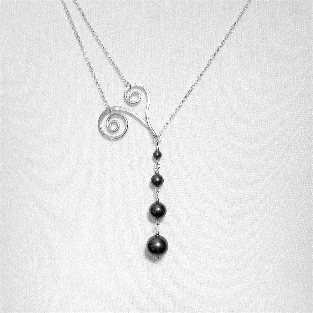Black Pearl Necklace Black and Silver Necklace Unique Pearl Necklace Lariat Jewelry Sterling Silver Lariat Pearl Drop Necklace Bridal Lariat