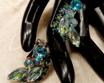 Beautiful Vintage Aqua Blue and Blue AB and Emerald AB Rhinestone Earclimber Style Earrings