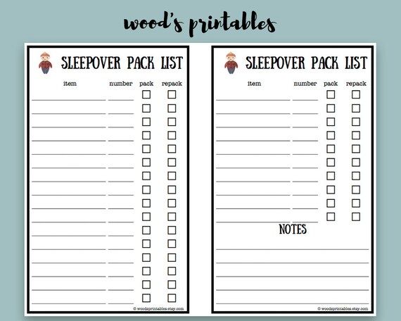 childrens sleepover packing list pdf printable by woodsprintables