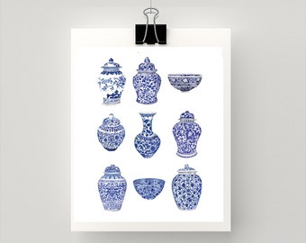 LARGE REPRODUCTION PRINT Blue and white ginger jars - print of my original watercolour paintings