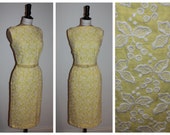 Vintage original 1950s 50s lemon yellow embroidered wiggle dress with matching belt UK 8 XS S