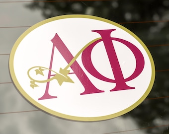 Alpha Phi Sticker for Car or Laptop. Classic Bordeaux Greek Letters Intertwined with Alpha Phi Ivy. Vinyl Sticker.